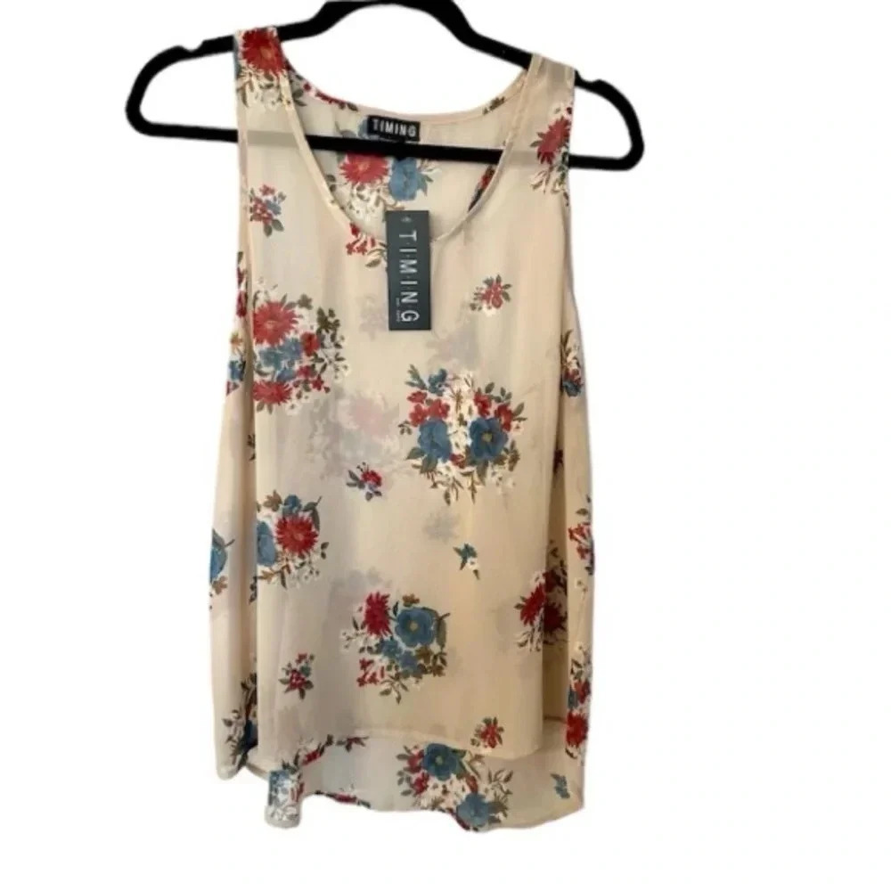 Timing Women's Sheer Sleeveless Racerback Cream Floral Tank Top Size L NWT